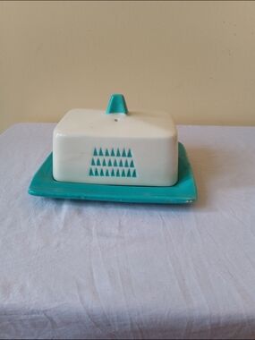 Vintage Ceramic Butter Dish in Turquoise and White, Made in Japan